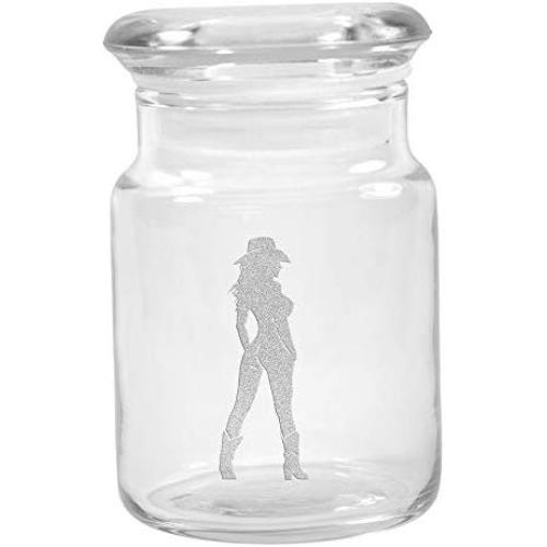 Clear Glass Herb Stash Jar with Lid 4.5 oz with Cowgirl Silhouette from Smoke Promos