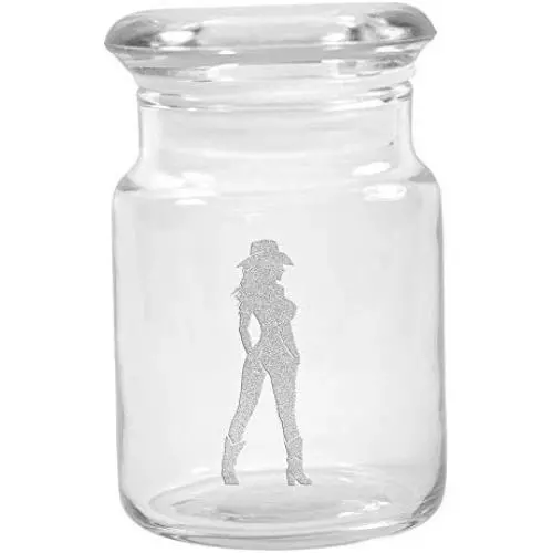 Bocal de stockage d'herbe en verre clair avec couvercle 135 ml avec silhouette de cowgirl de Smoke Promos Bocal de stockage d'herbe en verre clair avec couvercle 135 ml avec silhouette de cowgirl de Smoke Promos