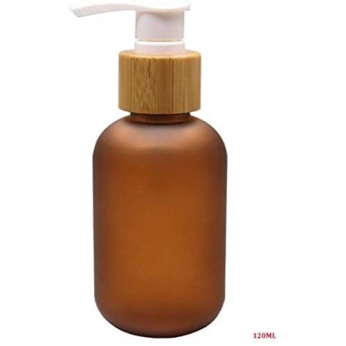 120ML Refillable Amber Plastic Lotion Dispenser Bottle Jar Container with Natural Bamboo Pump for Makeup Cosmetic Bath Shower Shampoo Hair-Conditioner Liquid Toiletries Liquid Bathroom Accessory