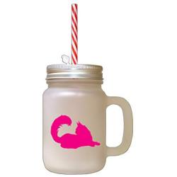 Hot Pink Maine Coon Cat Silhouette #2 Frosted Glass Mason Jar With Straw