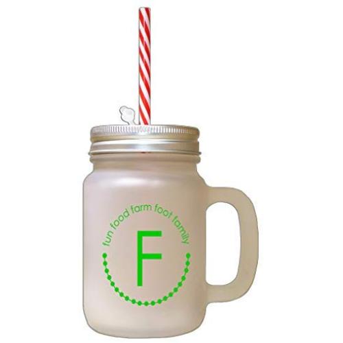Green Alphabet F, Fun Food Farm Foor Family Frosted Glass Mason Jar With Straw