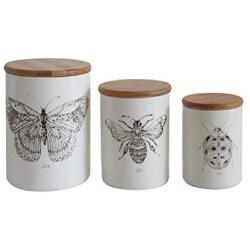 Creative Co-Op White Stoneware Jar with Bee Image & Bamboo Lid