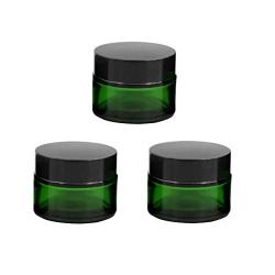 3PCS 30g/1oz Empty Green Round Glass Jars Refillable Cream Container Pot Sample Packing Vials Dispenser with Inner Liner and Black Lids for Eye Face Cream Lotion Eye Shadow (Green)