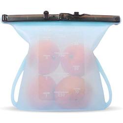 Upgrade Reusable Food Storage Bags - Silicone Foldable Leak Proof Liquid Food Organizer Bag with Zip Seal - Preservation & Cooking Baggies - for Milk Meat Vegetable Freezer Snack Large (1 L) (Blue)