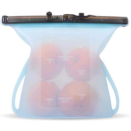 Upgrade Reusable Food Storage Bags - Silicone Foldable Leak Proof Liquid Food Organizer Bag with Zip Seal - Preservation & Cooking Baggies - for Milk Meat Vegetable Freezer Snack Large (1 L) (Blue)