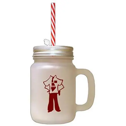 Rote Missionar mit Frostglas-Mason-Flasche mit Stroh.