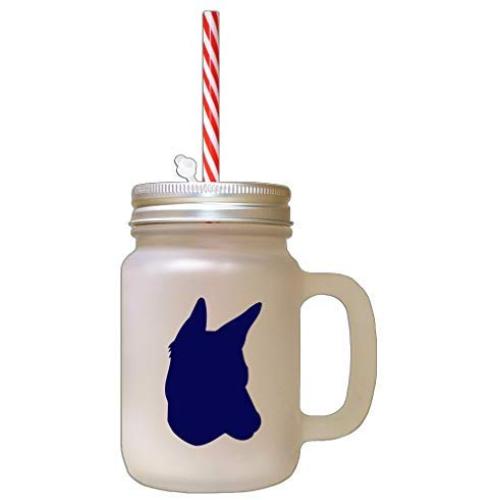 Navy Portuguese Podengo Silhouette Frosted Glass Mason Jar With Straw