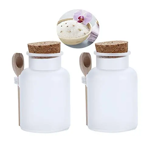 NATUWORLD 2er Set Kunststoff Bad Salz Würze Beutel Leerraum Klare Frostbecher Kosmetik Pulver Flasche Küchen Aufbewahrungsbehälter mit Korkstopfen und Holzsöffel (100 ml)