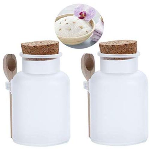 Hisght 2 Pcs 200m/7oz Empty Refillable Frosted Plastic Bottle Food Storage Container Canister Jar Pot Holder Sealed Tank with Cork Stopper and Wooden Spoon for Honey,Salt, Coffee and More