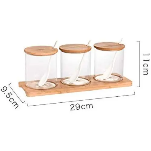 TNKML Glass Seasoning Jar Set Of 3 Creative Kitchen Storage Bottles Glass Seasoning Jar Set Glass Jar Salt Shaker Sugar Bowl With Wooden Lid Spice Container