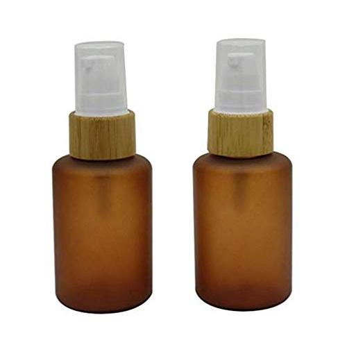 2Pcs 60ml/2oz Empty Refillable Amber PET Bottle With Bamboo Pump Head Brown Emulsion Lotion Cosmetic Container Jars Travel Packing Case Box (BPA Free)For Makeup Essential Oil Shower Gel Cream Shampoo