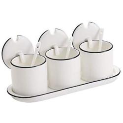 White Ceramic Sugar Bowls Condiment Pots Spice Jars Seasoning Box Set with Lid Spoon and Tray-Sets of 3