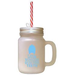 Light Blue Little Monsters Brush Their Teeth Frosted Glass Mason Jar With Straw