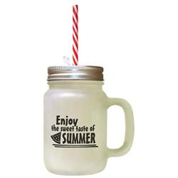 Black Enjoy The Sweet Taste Of Summer Frosted Glass Mason Jar With Straw