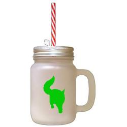 Green Maine Coon Cat Silhouette #3 Frosted Glass Mason Jar With Straw