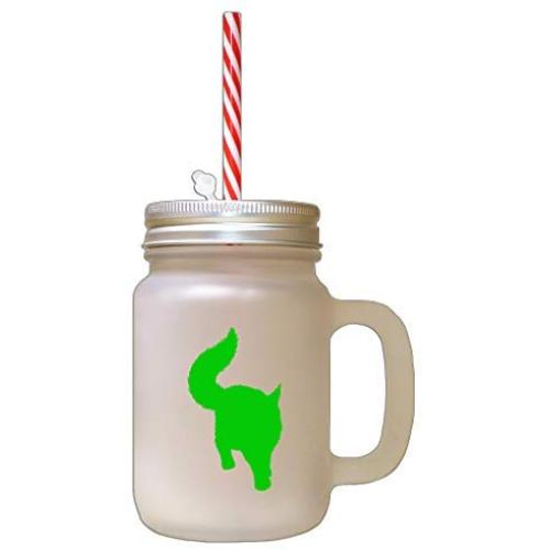 Green Maine Coon Cat Silhouette #3 Frosted Glass Mason Jar With Straw