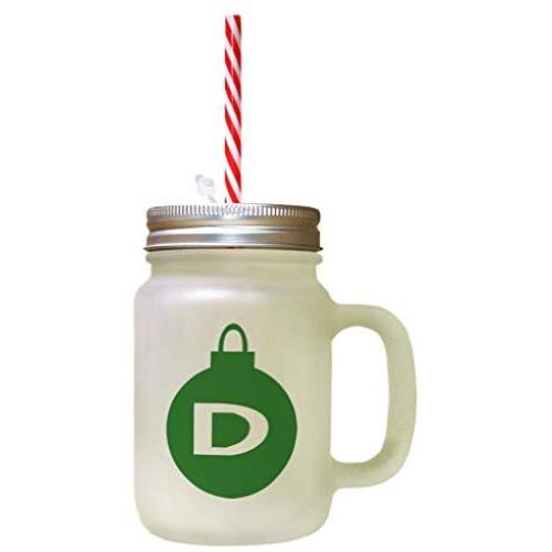 Forest Green&quotD" Christmas Tree Toy Monogram D Frosted Glass Mason Jar With Straw