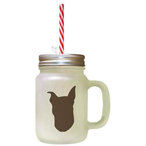 Brown Miniature Pinscher Silhouette Frosted Glass Mason Jar With Straw