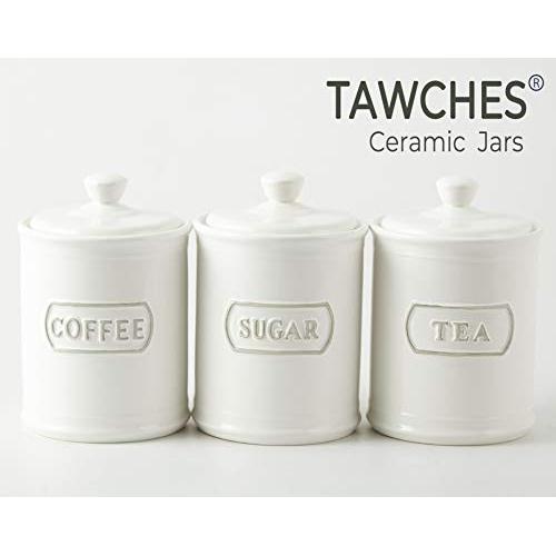 Canisters Sets for the Kitchen, Safer and Healthier Ceramic Kitchen Canisters set of 3 for Saving Coffee Tea Sugar Jars with Airtight Lids White Canister Food Storage jars TAWCHES TC001(B White 3pcs)