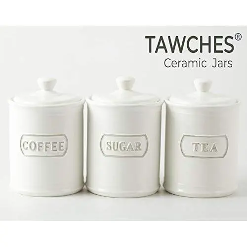Canisters Sets for the Kitchen, Safer and Healthier Ceramic Kitchen Canisters set of 3 for Saving Coffee Tea Sugar Jars with Airtight Lids White Canister Food Storage jars TAWCHES TC001(B White 3pcs)