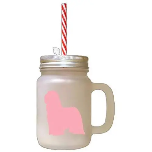 Soft Pink Bearded Collie Silhouette Frosted Glass Mason Jar With Straw Soft Pink Bearded Collie Silhouette Frosted Glass Mason Jar With Straw