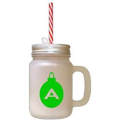 Green&quotA" Christmas Tree Toy Monogram A Frosted Glass Mason Jar With Straw