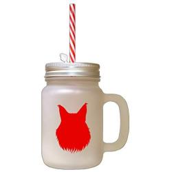 Red Maine Coon Cat Head Silhouette Frosted Glass Mason Jar With Straw