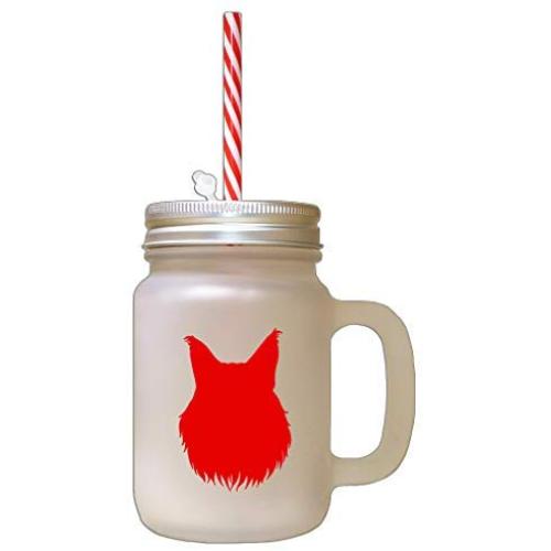 Red Maine Coon Cat Head Silhouette Frosted Glass Mason Jar With Straw