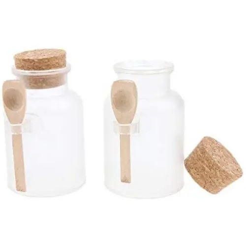 LoveinDIY 2 leere Plastikflaschen mit Korken, Jars und Holzlöffel Badesalzflaschen – 200g/7oz