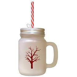 Maroon Tree #4 Frosted Glass Mason Jar With Straw