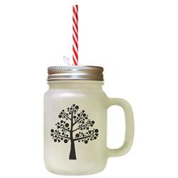 Black Love Tree Frosted Glass Mason Jar With Straw