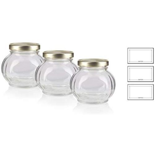 Clear 8 oz Round Facet Glass Jar with Gold Metal Plastisol Lid (3 Pack) Lead Free, Airtight - Wedding and Shower Gifts, and More!