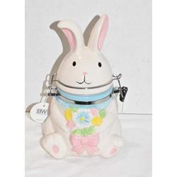 BW New 8" White Bunny Rabbit with Colorful Flowers Ceramic Decorative Air Tight Hinged Canister Storage Jar