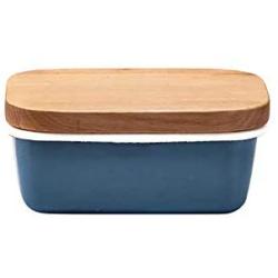 Kitchen Food Storage Jar Airtight Food Storage Butter Dish Multifunction Crisper Ice Cream Container Enamel Wooden Cover 2 Colours (Send Plastic Cover),Gray (Color : Blue)