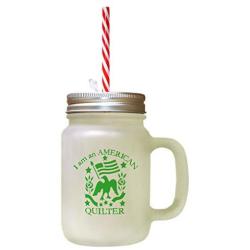 Green I Am An American Quilter Frosted Glass Mason Jar With Straw