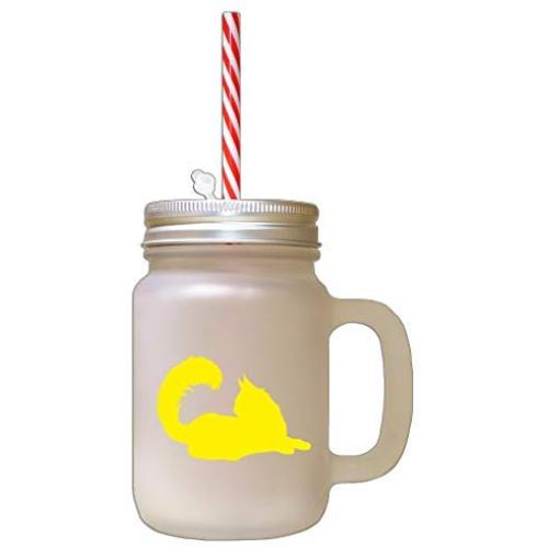 Yellow Maine Coon Cat Silhouette #2 Frosted Glass Mason Jar With Straw