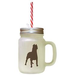 Brown Dogo Argentino Silhouette Frosted Glass Mason Jar With Straw