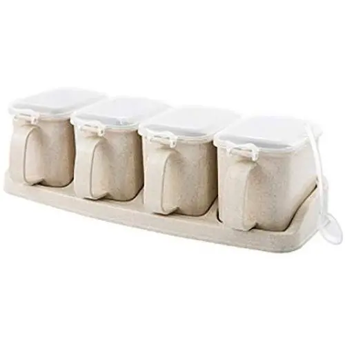Multifunktionale Küchenbox, Schlichte Weizenstroh Gewürzkiste, Pfeffer, Gewürzstreuer, Salz, Gewürzbehälter, Aufbewahrungsbox, Farbe: Vier Gitter Beige