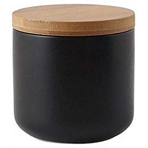 Pure Color Ceramic Sugar Bowl with Wooden Lid Sugar Dispenser Salt Pepper Storage Jar Pot Sugar Container Seasoning Pot Box Condiment Spice Racks Holder for Home Kitchen, Black