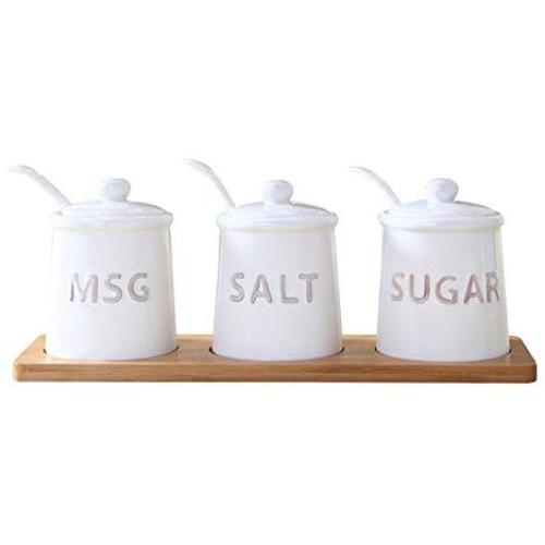 ROIY Riginal Ceramic Cruet Salt Monosodium Glutamate Sugar Bowl With A Base Composition With A Spoon Condiment Jar Storage Container With Tray For Salt Sugar Cruet Pepper Spice Jar Set