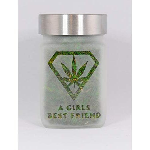 Stash Jar with Diamond, Pot Leaf and Girls Best Friend Design - Smell Resistant Herb Storage and Accessories, Airtight - 3" Tall x 2" Wide