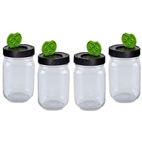 16 oz (Pint) Clear Dry Herb Jars With Ball Black & Green Dry Herb Plastic Lids, Ideal Spice Holder, Sugar Storage, Apothecary & Coffey Bean Container Set of 4 Jars and 4 Cover