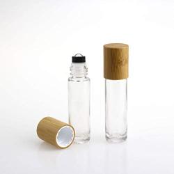 5 Pack 10ml Bamboo Roller Bottle for Essential Oils,Empty Clear Glass Roll On Bottle With Stainless Steel Roller Balls Travel Vial Essential Oil Roller Container-Pipette&funnel Included