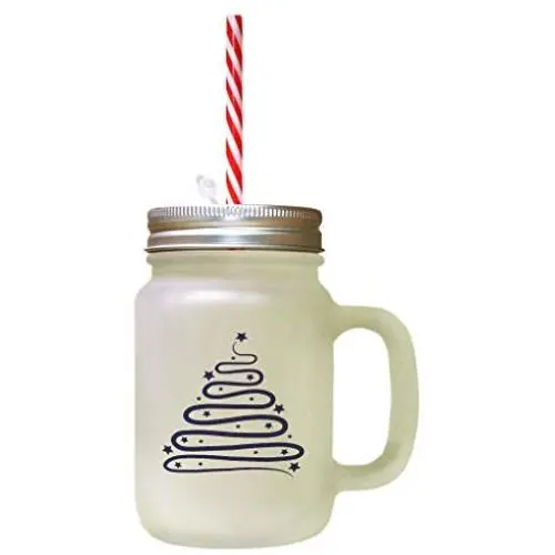 Navy Christmas Tree Frosted Glass Mason Jar With Straw Navy Christmas Tree Frosted Glass Mason Jar With Straw