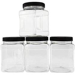 4 BPA Free Jars with Lids PACK of Clear Empty Plastic Storage Holders- Square Food Grade Air Tight Container with Easy Grip Handles - Jar Multi Purpose