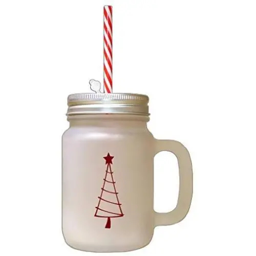 Maroon Christmas Tree Style 4 Frosted Glass Mason Jar With Straw Maroon Christmas Tree Style 4 Frosted Glass Mason Jar With Straw
