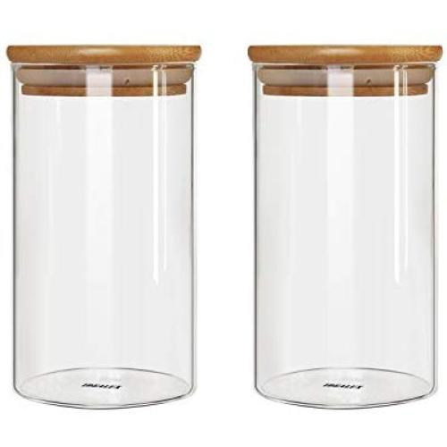 IDEALUX Glass Storage Jar,Coffee Bean & Kitchen food storage container with Airtight Seal Bamboo Lid Set of 2,Silicone Seal Ring (26 Ounce)