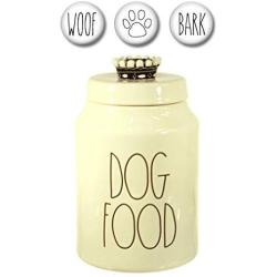 Rae Dunn DOG FOOD Treats Canister with Set of 3 Woof, Bark and Paw Print Fridge Magnets Gift Set Large Letter LL Pottery