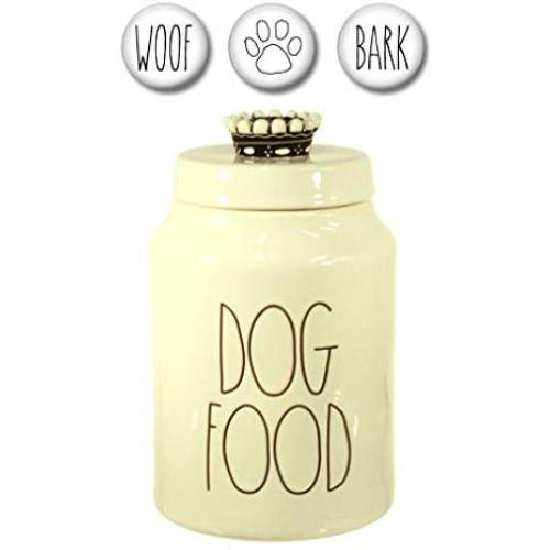 Rae Dunn DOG FOOD Treats Canister with Set of 3 Woof, Bark and Paw Print Fridge Magnets Gift Set Large Letter LL Pottery