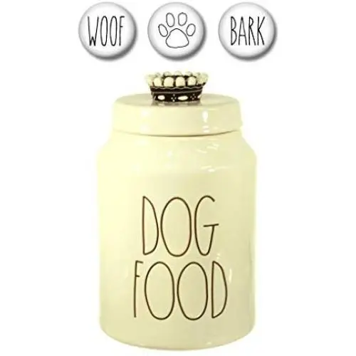 Rae Dunn DOG FOOD Treats Canister with Set of 3 Woof, Bark and Paw Print Fridge Magnets Gift Set Large Letter LL Pottery